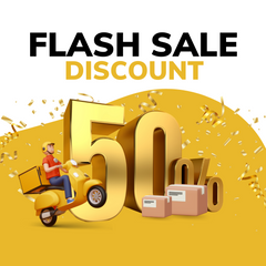 a man on a scooter with the words flash sale discount 50 % off