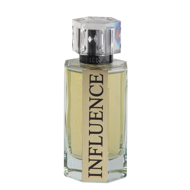 Bottle of Influence premium perfume by BIRRA featuring a stylish design with a square base and a diamond-shaped cap. The label prominently displays the word 'INFLUENCE'.