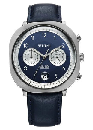 a watch with a blue leather strap