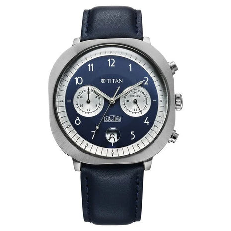 a watch with a blue leather strap