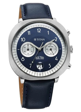 a watch with a blue dial and leather strap