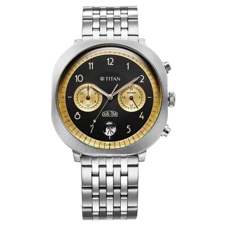 a black and gold watch on a white background