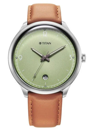 a watch with a green dial and brown leather strap