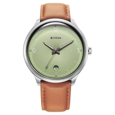 a watch with a green dial and brown leather strap