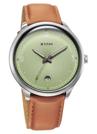 a watch with a green dial and brown leather strap