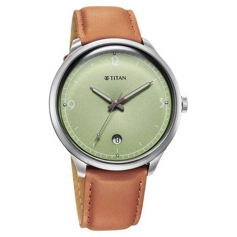 a watch with a green dial and brown leather strap