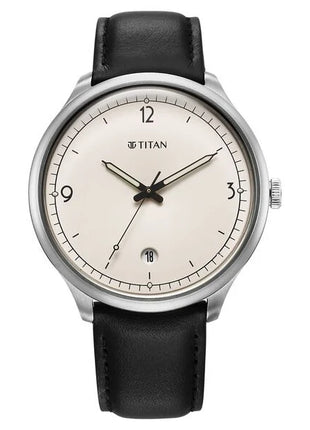 a white watch with a black leather strap