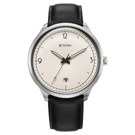 a white watch with a black leather strap