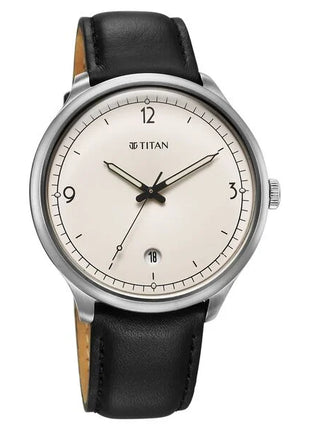 a white watch with a black leather strap