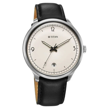 a white watch with a black leather strap