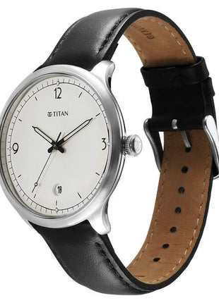 a white and black watch on a black leather strap