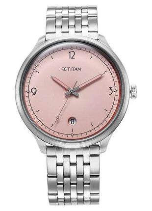 a silver watch with a pink face on a white background