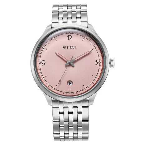 a silver watch with a pink face on a white background