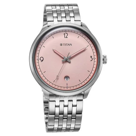 a silver watch with a pink face