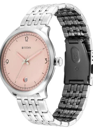 a watch with a pink dial on a bracelet