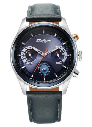 a watch with a blue dial and black leather strap