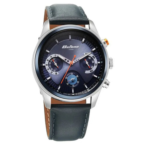 a watch with a blue dial and brown leather strap