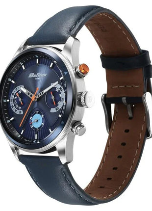 a blue watch with a brown leather strap