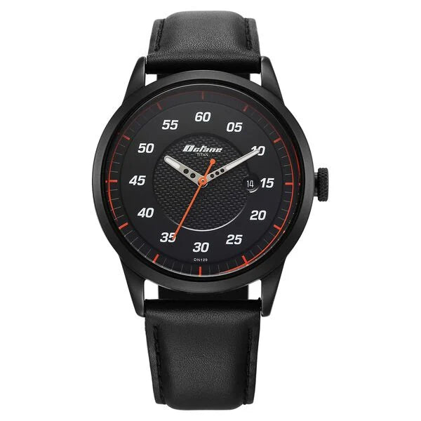 a black watch with orange hands on a white background