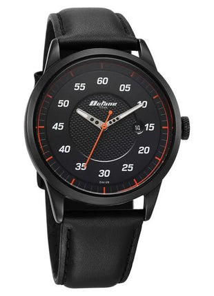 a black watch with orange hands on a white background