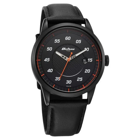 a black watch with orange hands on a white background