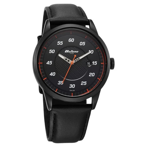 a black watch with orange hands on a white background