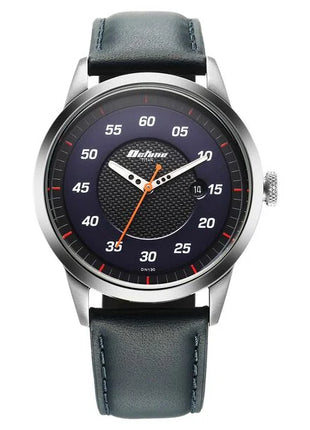 a watch with a blue face and orange hands