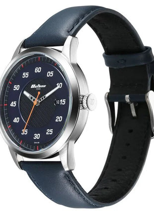 a watch with a black leather strap