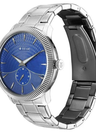 a watch with a blue dial and black bracelet