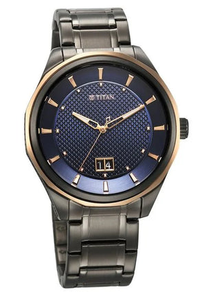 a black and gold watch with a blue dial