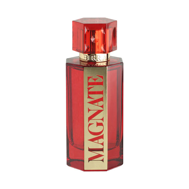 MAGNATE Premium Perfume by BIRRA in a red glass bottle with a diamond-shaped cap, showcasing an elegant design and bold branding.