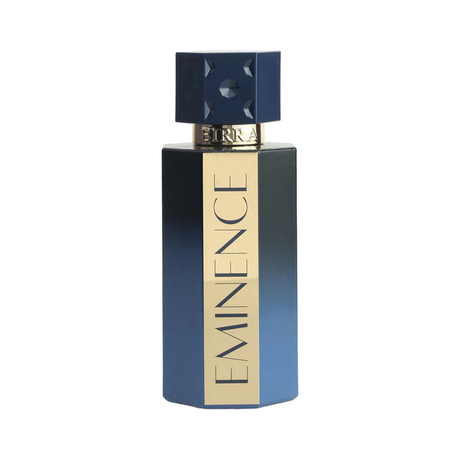 BIRRA Eminence Premium Perfume bottle featuring a sleek design with a dark blue gradient and gold lettering, topped with a square, jewel-like cap.