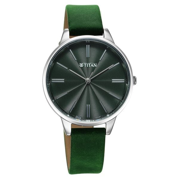 a green watch with a silver case on a white background