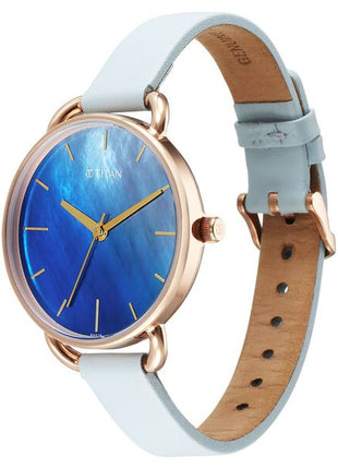 a women's watch with a blue dial