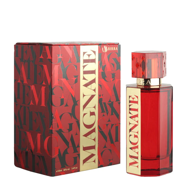 MAGNATE Premium Perfume by BIRRA displayed with its striking red and black packaging, featuring the product bottle beside the decorative box.