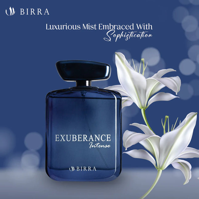 BIRRA Exuberance Intense perfume in a blue bottle, surrounded by white lilies with a dark blue background, highlighting luxury and sophistication.