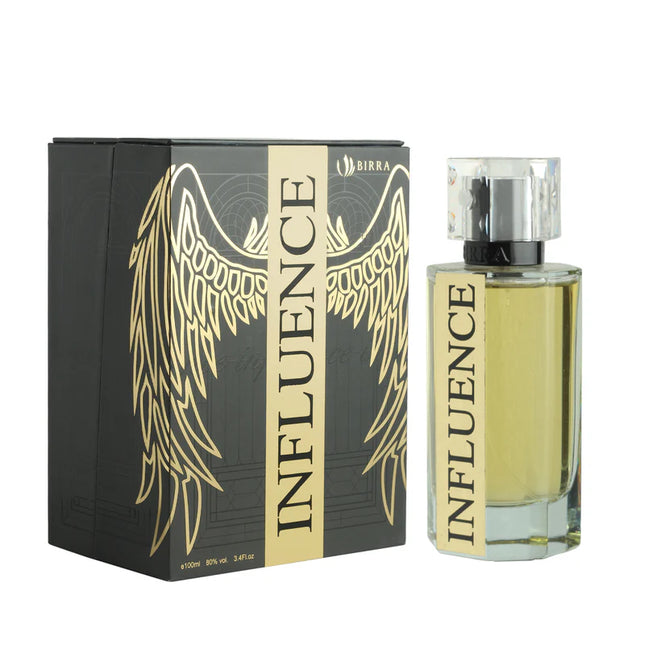 Influence premium perfume by BIRRA displayed in its elegant black packaging with gold accents. The box features wings graphics and includes a clear bottle of the perfume next to it.