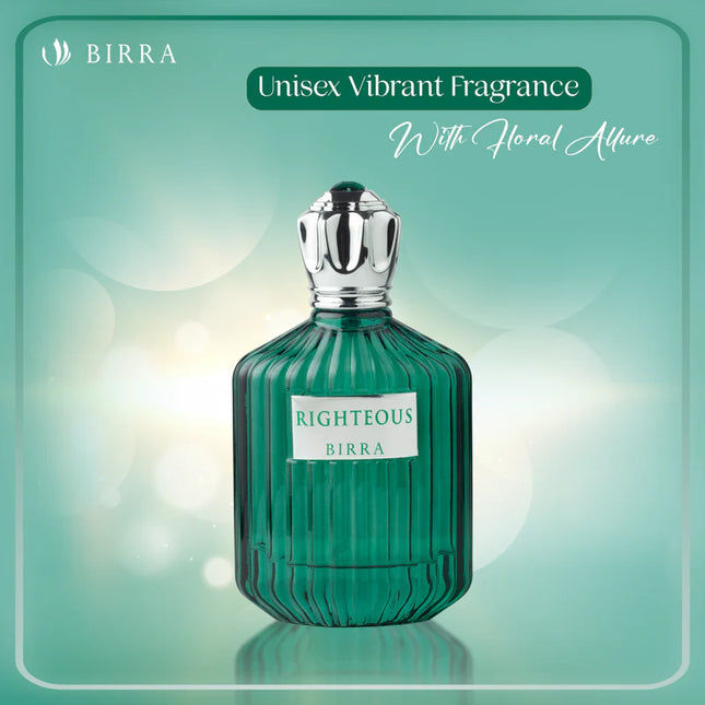 Advertisement for Righteous perfume highlighting its unisex vibrant fragrance with floral allure, featuring the green bottle on a soft gradient background.