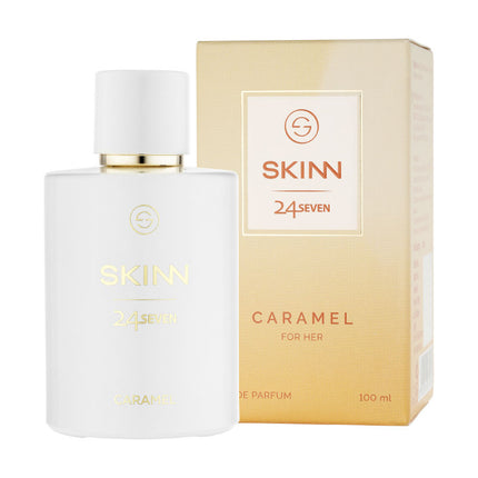 a bottle of skin 24 seven caramel cologne next to a box