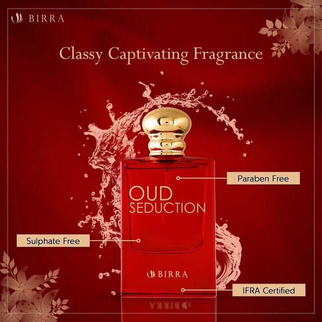 Oud Seduction fragrance advertisement highlighting key features: Paraben Free, Sulfate Free, and IFRA Certified around a red-themed background.