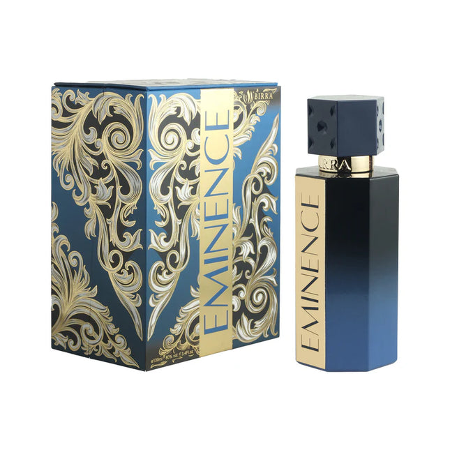 BIRRA Eminence Premium Perfume displayed in its ornate packaging, showcasing the elegant perfume bottle beside a decorative box with intricate gold patterns.