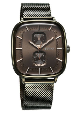 a watch with a black face and a silver mesh strap