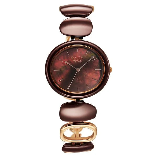 Titan Raga Ceramics women's watch featuring a brown mother of pearl dial with gold-toned hour markers, set in a round case with a metal and ceramic strap.