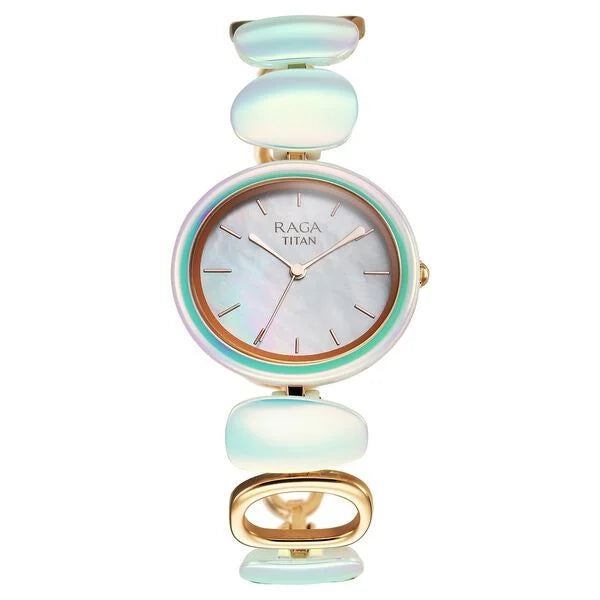 Titan Raga Ceramics Women's Quartz Analog Watch featuring a stylish mother of pearl dial with iridescent ceramic strap.