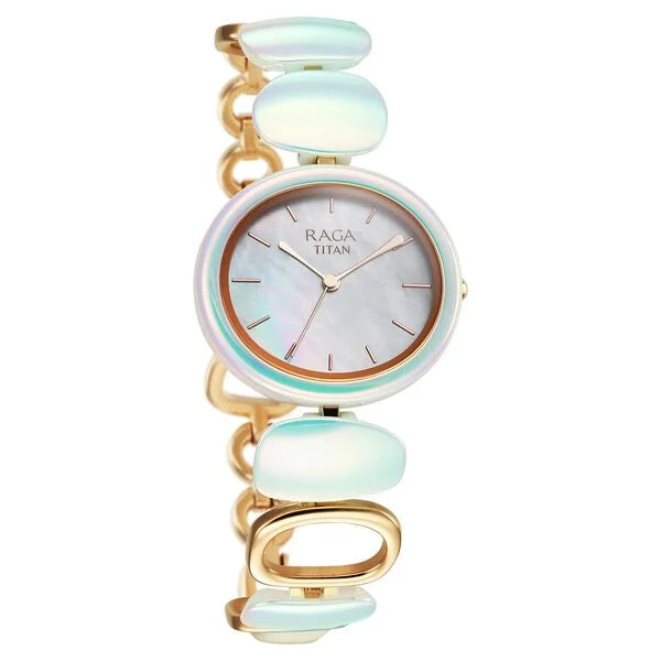 Elegant Titan Raga Ceramics Women's Watch with mother of pearl dial, ceramic and metal strap, showcasing a modern design.