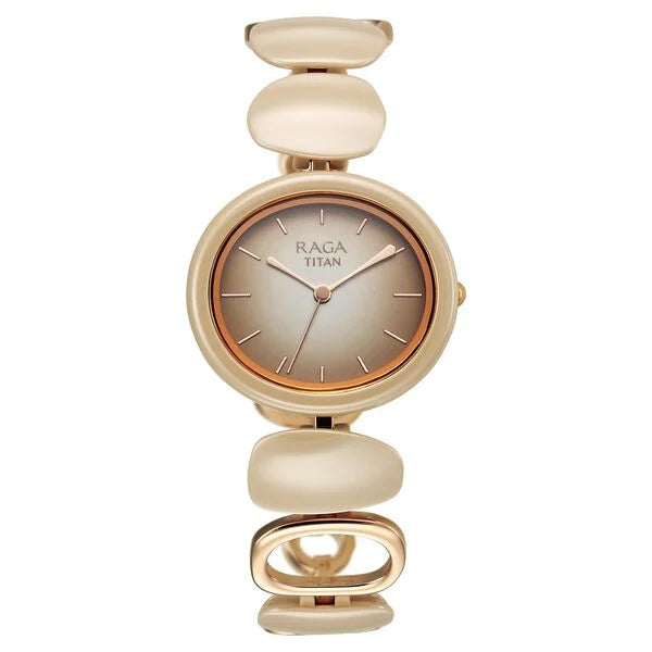 Titan Raga Ceramics Quartz Analog Beige Dial Metal Strap Watch For Women