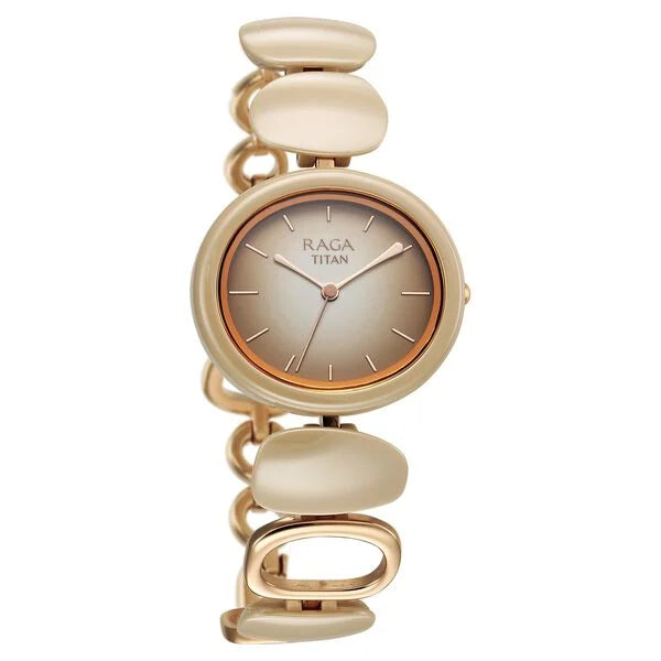 Titan Raga Ceramics Quartz Analog Beige Dial Metal Strap Watch For Women