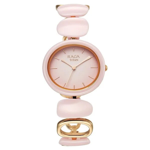 Titan Raga Ceramics Quartz Analog watch for women featuring a pink dial with gold accents and a ceramic strap.