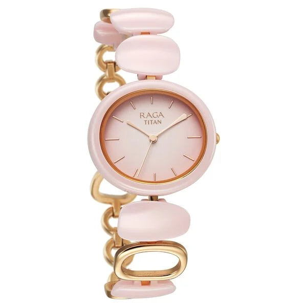 Side view of a Titan Raga Ceramics Quartz Analog watch showcasing its pink ceramic strap and gold-tone metal links.