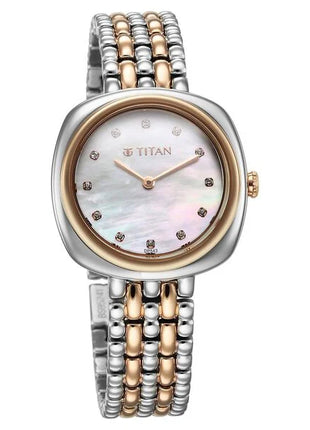 a women's watch with two tone gold and silver bracelets